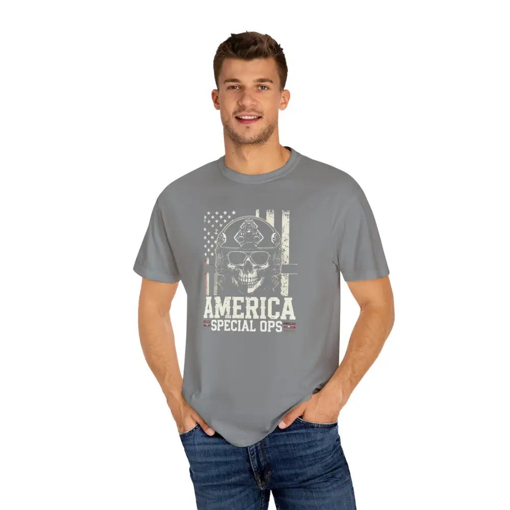 Gray unisex garment-dyed vintage military tee with skull wearing helmet over American flag