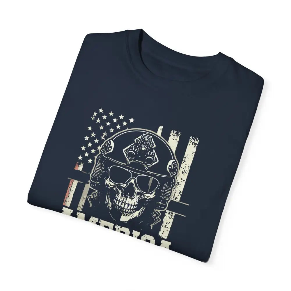 Dark blue America Special Ops vintage military tee with distressed American flag skull graphic