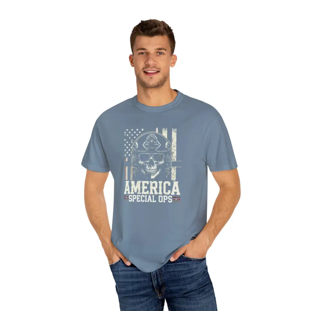 Man wearing america special ops vintage military tee with skull graphic in unisex garment-dyed t-shirt