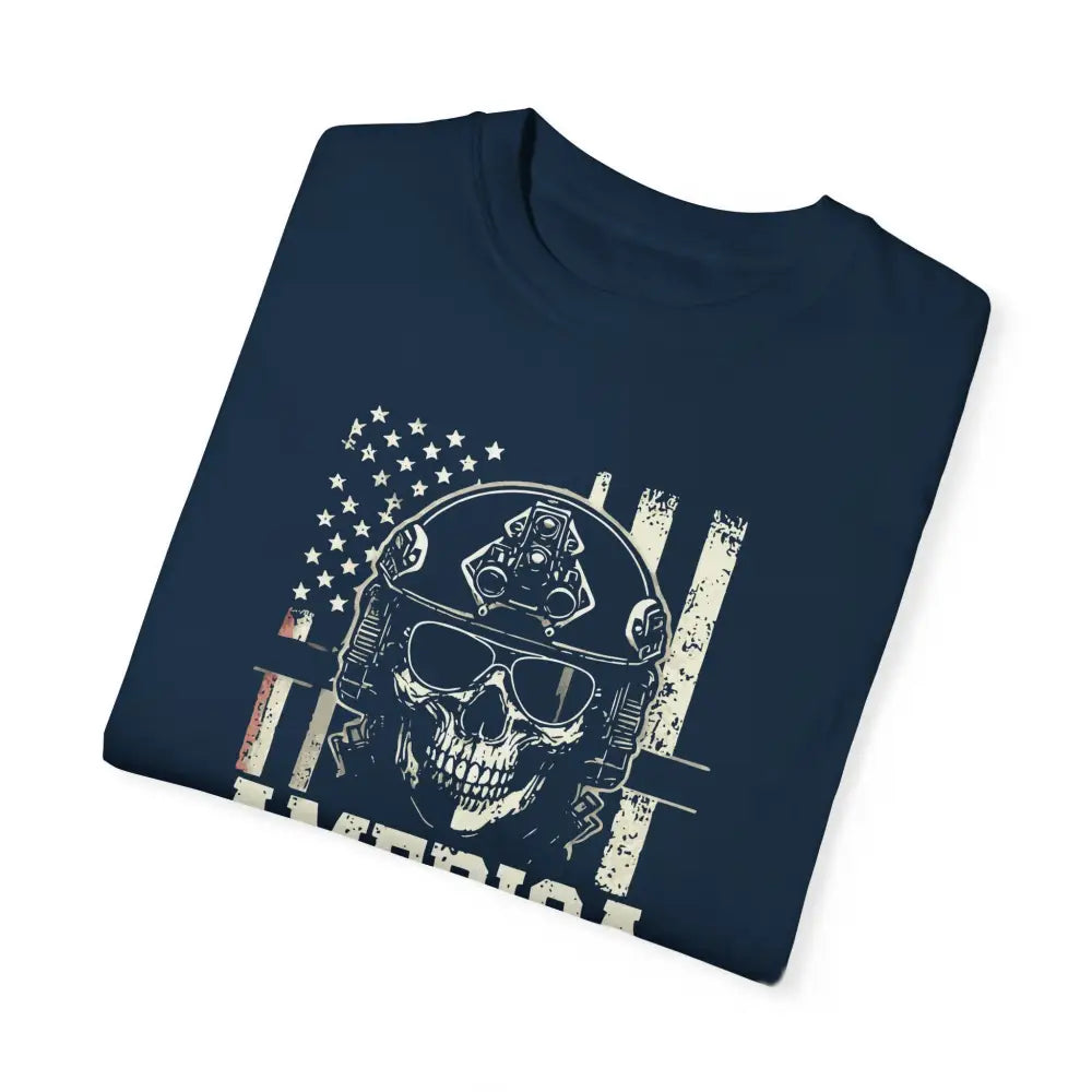 Dark blue America Special Ops vintage military tee with distressed American flag and skull graphic