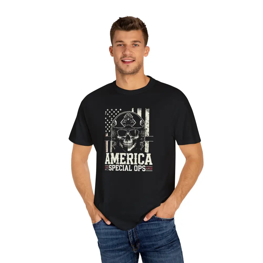Man wearing america special ops vintage military tee unisex garment-dyed black crewneck