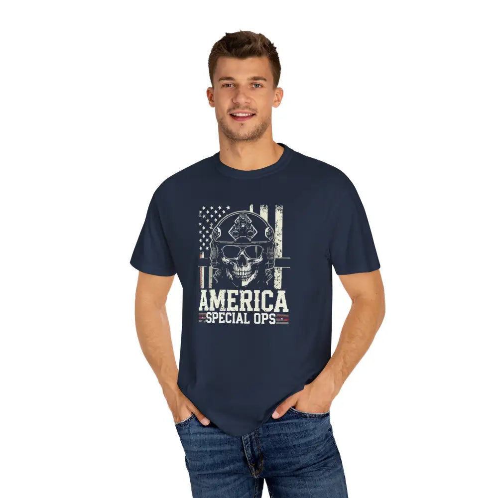 Man wearing america special ops vintage military tee with distressed American flag skull graphic