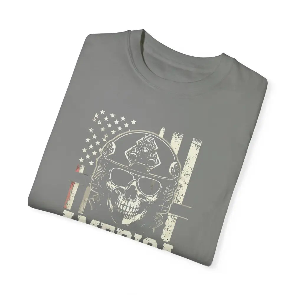 Gray vintage military tee with skull graphic and American flag design, unisex garment-dyed