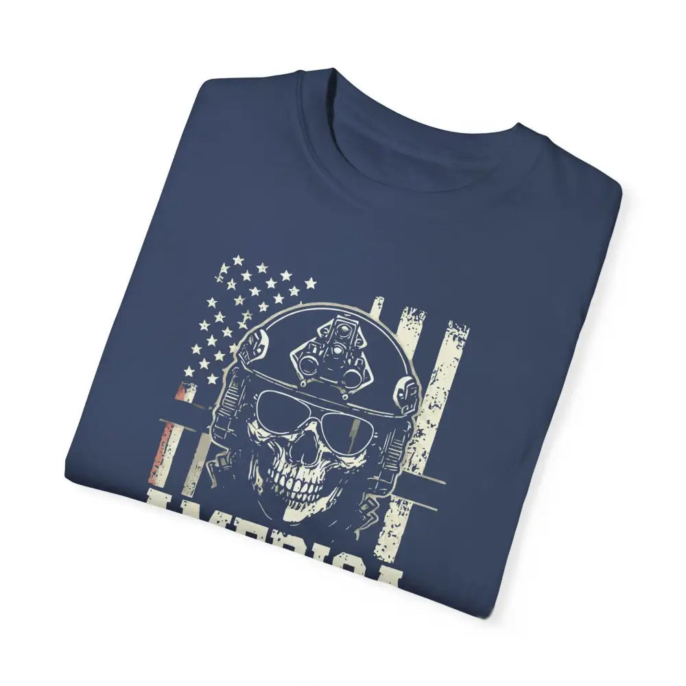 Folded navy blue America Special Ops vintage military tee with distressed American flag skull graphic