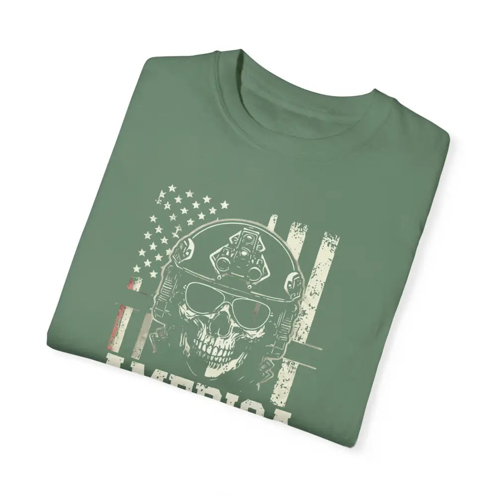 Folded olive green America Special Ops vintage military tee with skull graphic and tactical helmet