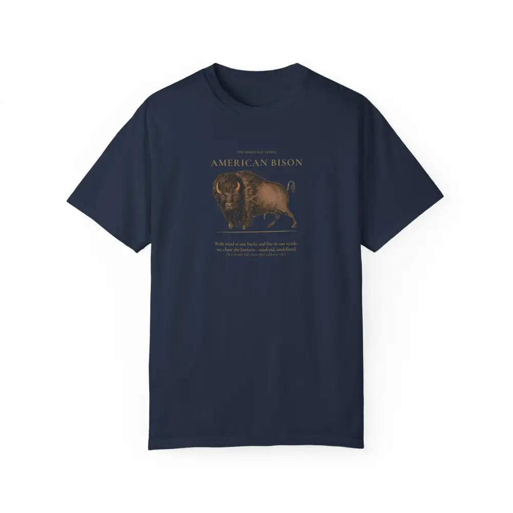 Dark blue crew neck American Bison Heritage Series graphic tee
