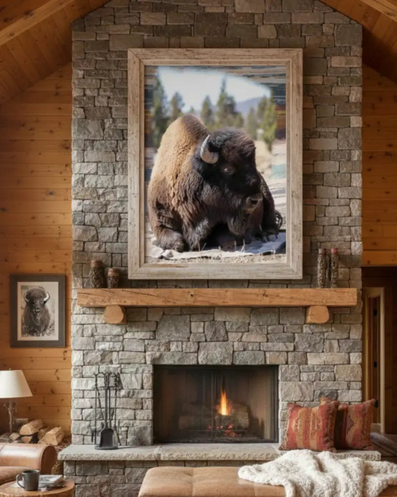 Rustic american bison wall art print of dark brown bison with horns