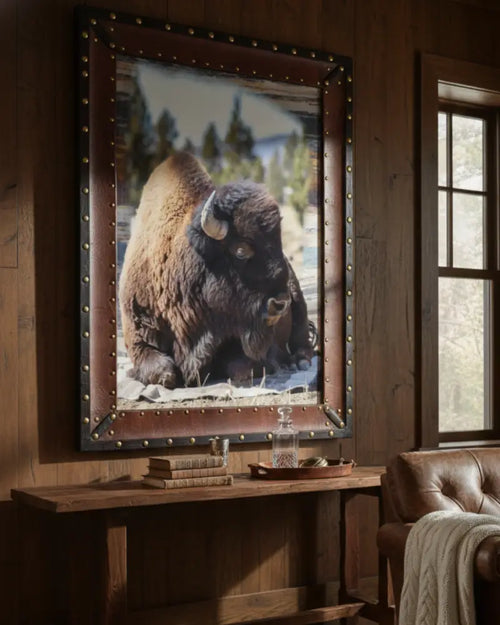 Rustic american bison wall art print of dark-furred bison in leather frame