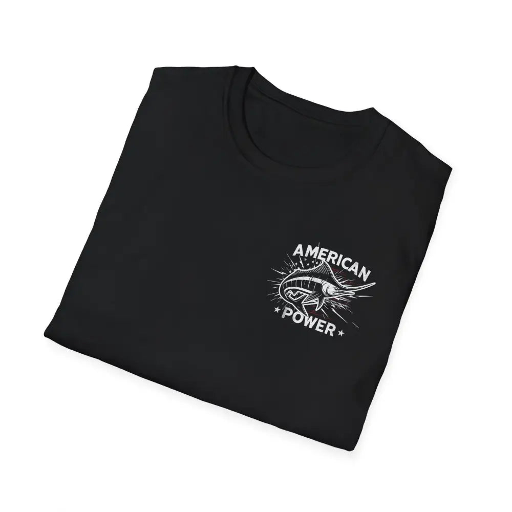 Black American Power Marlin fish graphic on white t-shirt