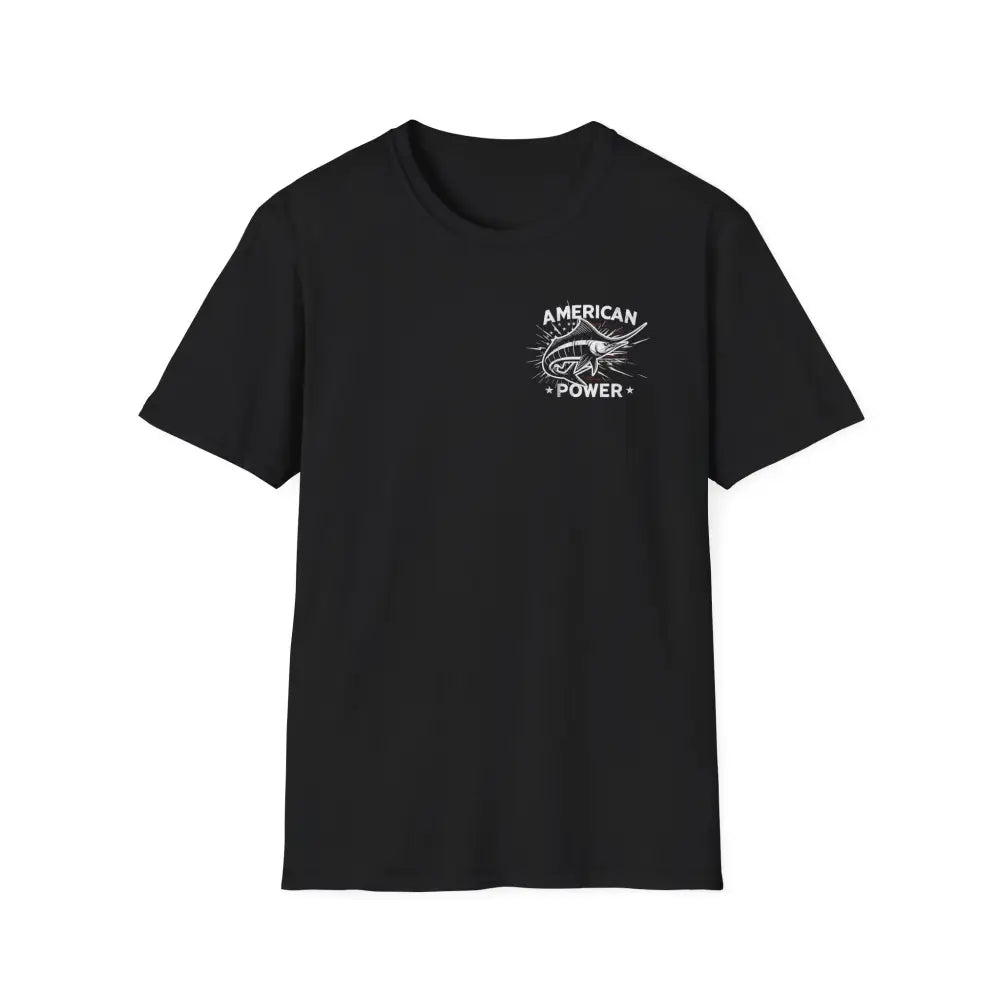 Black short-sleeved American Power Marlin Fish T-Shirt with white graphic print