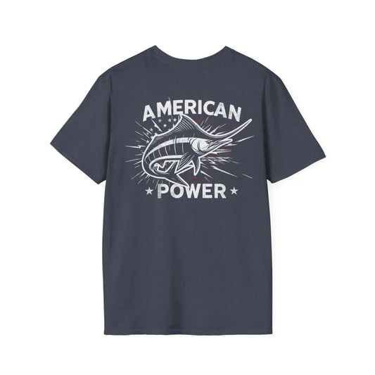 Dark grey American Power Marlin Fish T-Shirt with sportfishing graphic and back text