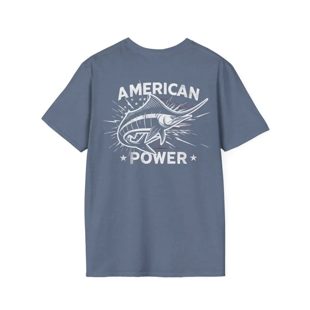 Blue American Power Marlin t-shirt with white fish graphic