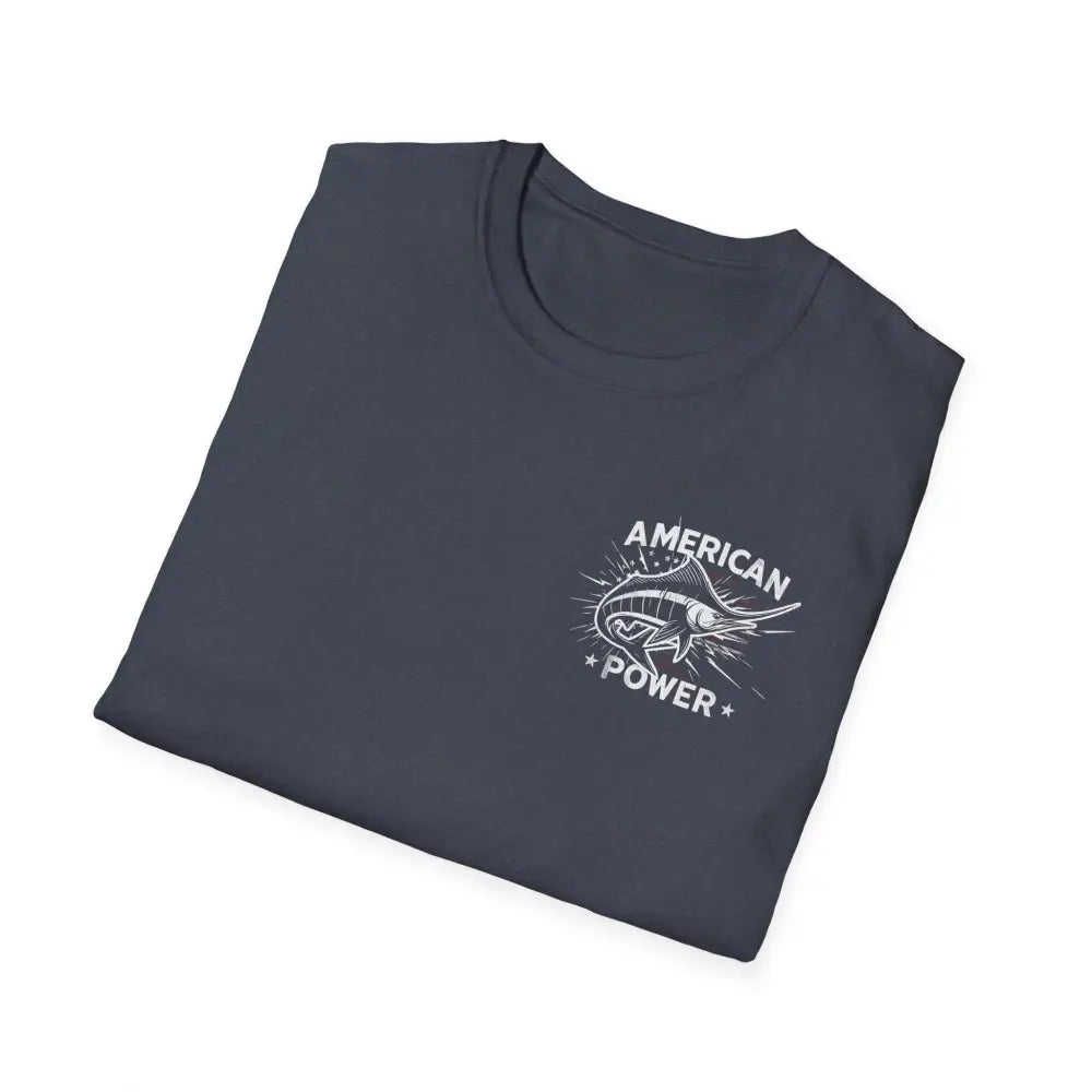 Folded dark gray American Power Marlin t-shirt with white marlin fish graphic