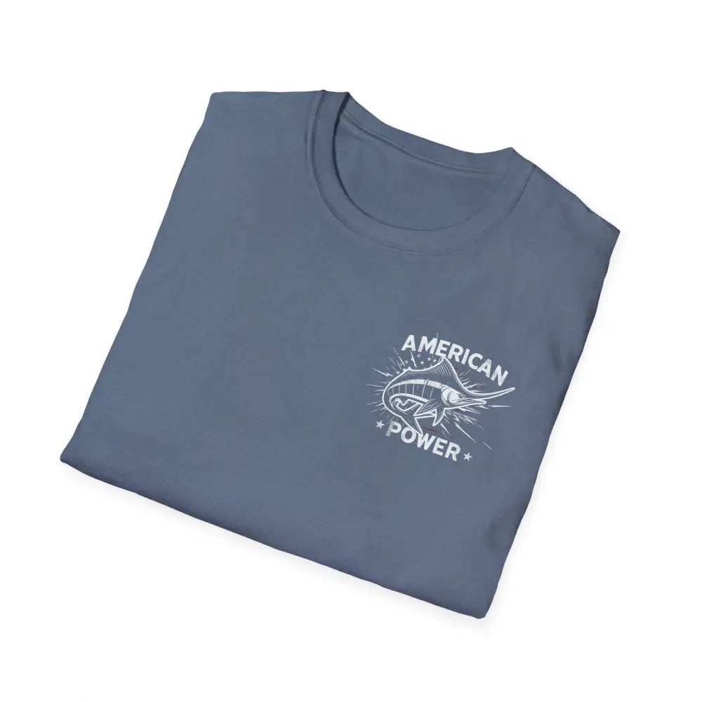 Folded blue American Power Marlin fish t-shirt with white design