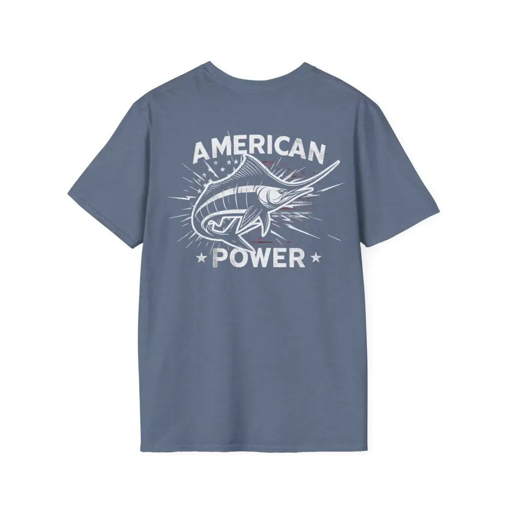 Blue short-sleeved American Power Marlin Fish Graphic T-Shirt featuring a marlin fish design