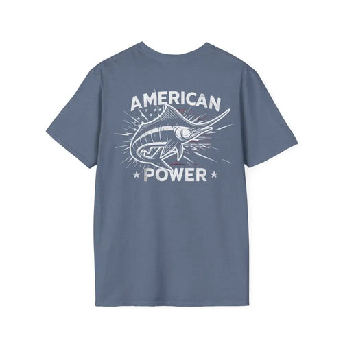 Blue American Power Marlin short-sleeved fish graphic T-shirt