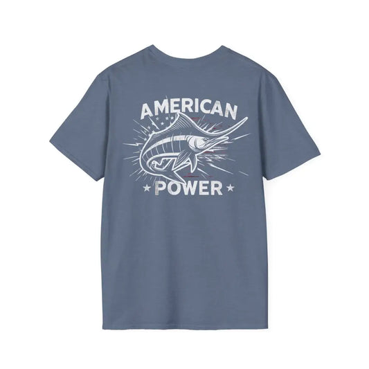 Blue short-sleeved American Power Marlin Fish Graphic T-Shirt featuring a marlin fish design