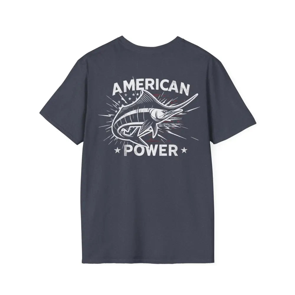 Dark gray American Power Marlin T-Shirt with white marlin fish graphic print