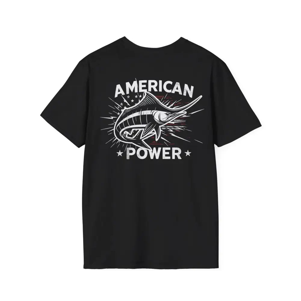 Black T-shirt with American Power Marlin fish graphic, perfect marlin fish T-shirt