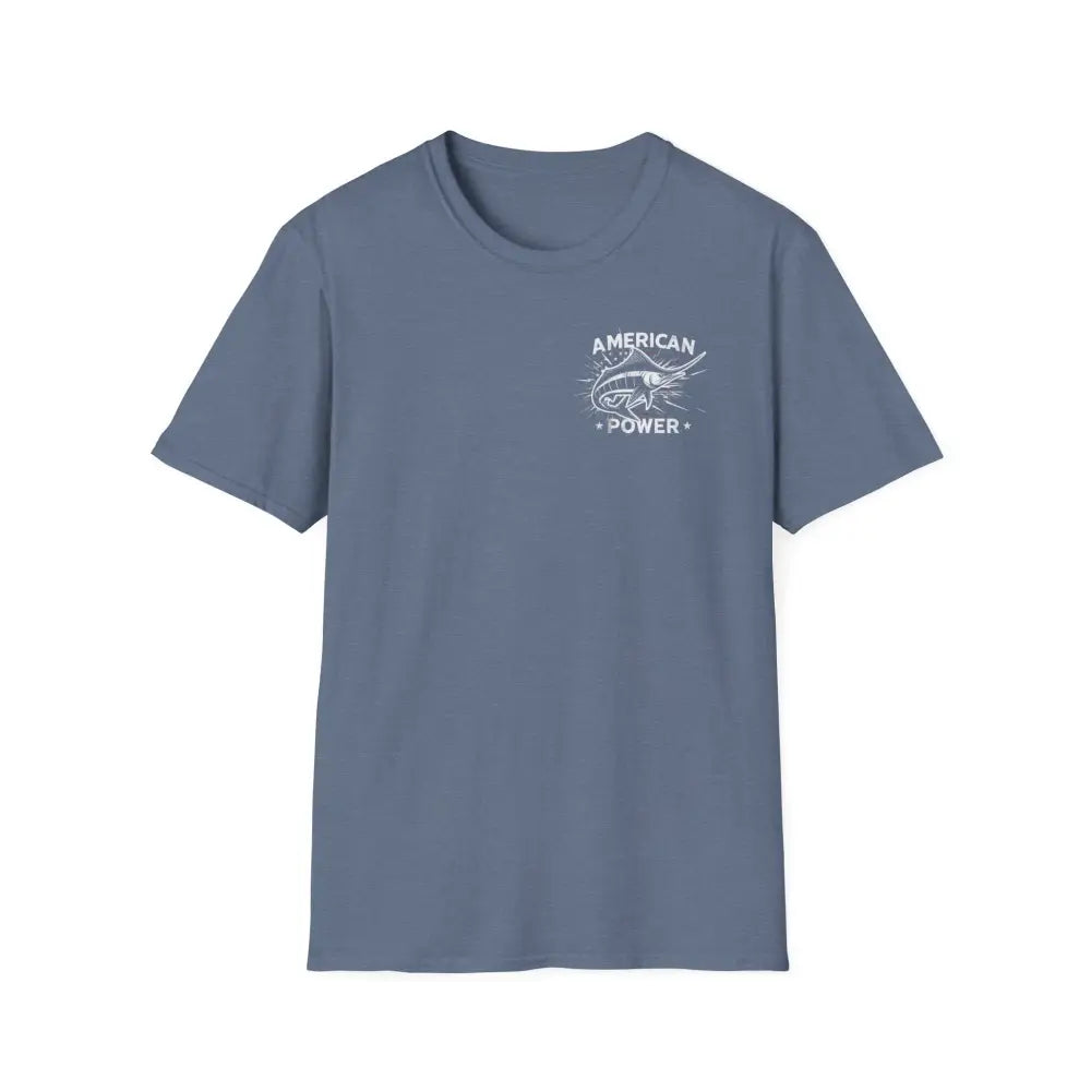 Slate blue American Power Marlin T-Shirt with white marlin fish graphic and power marlin text
