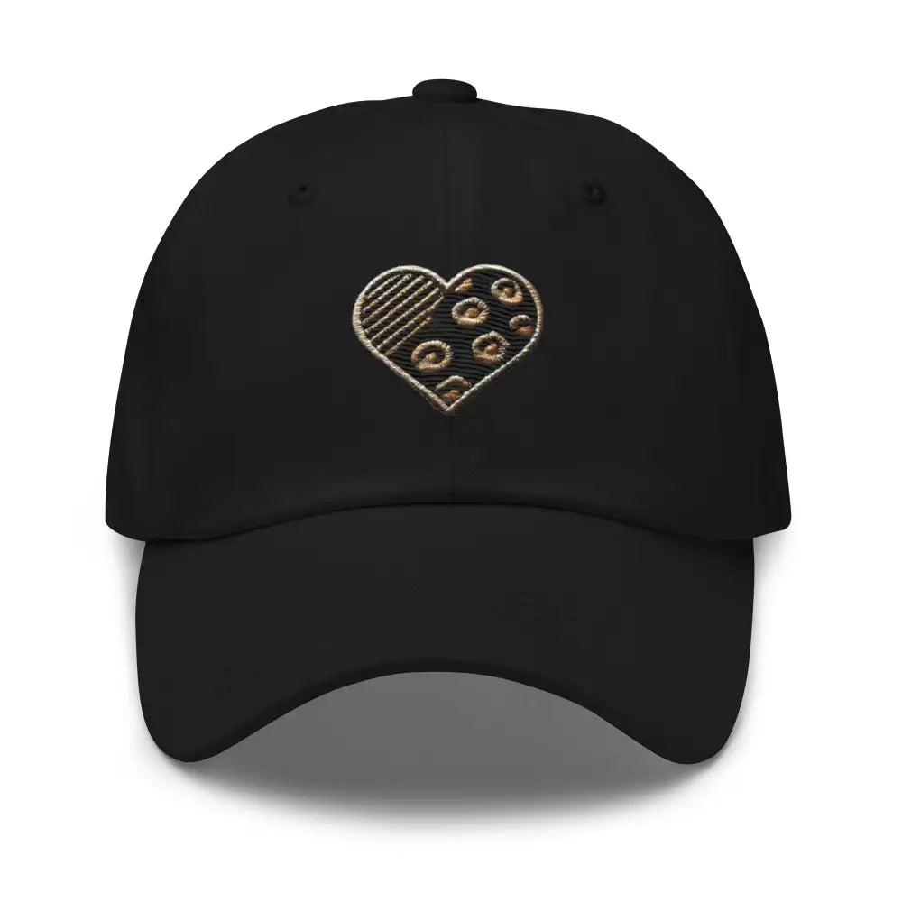 Black animal print embroidered heart dad hat in gold