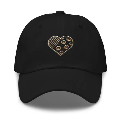 Black animal print embroidered heart dad hat in gold
