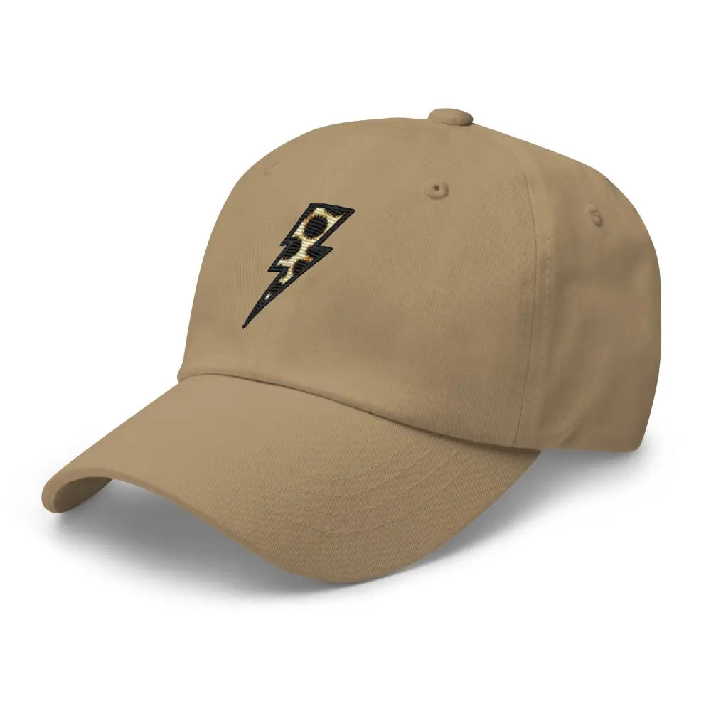 Tan baseball cap with animal print embroidered lightning bolt