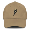 Tan baseball cap with animal print embroidered lightning bolt