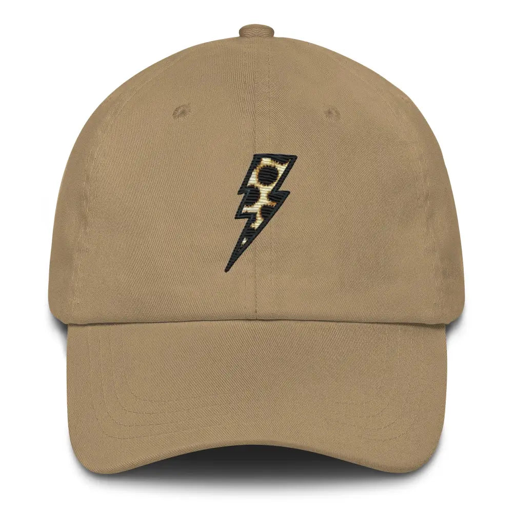 Tan baseball cap with animal print embroidered lightning bolt