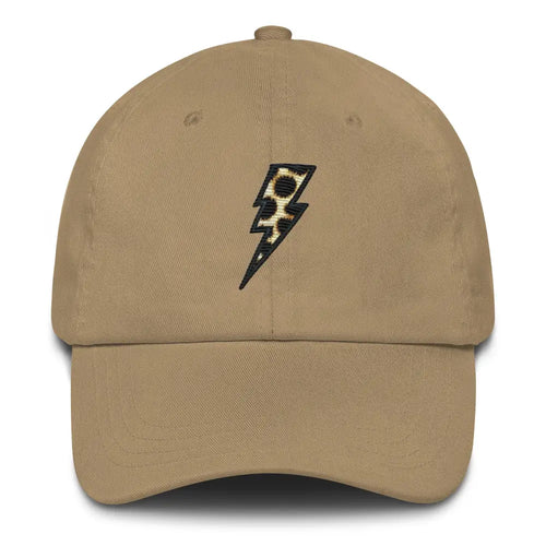 Tan baseball cap with animal print embroidered lightning bolt