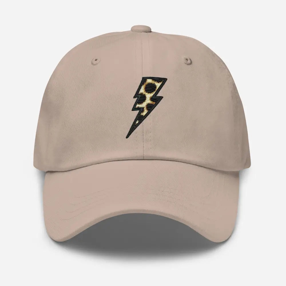 Tan baseball cap with animal print embroidered lightning bolt