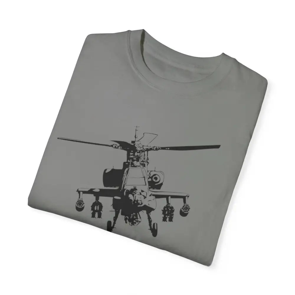 Gray short-sleeved patriotic t-shirt with bold Apache helicopter graphic