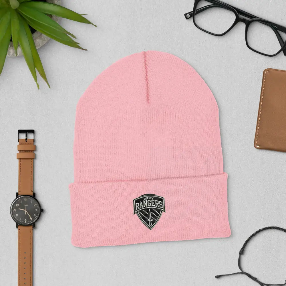 Pink Army Ranger Cuffed Embroidered Beanie with Shield Emblem