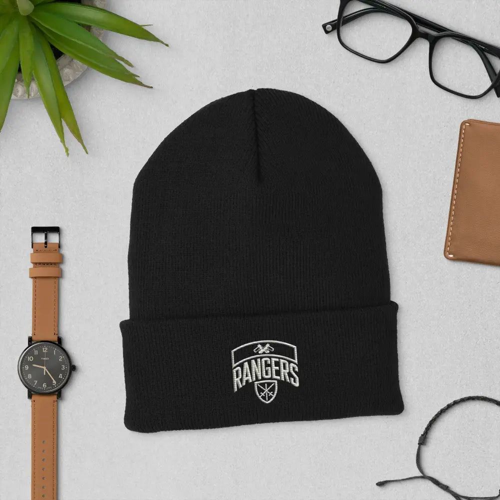 Army Ranger Cuffed black knit beanie with white embroidered logo