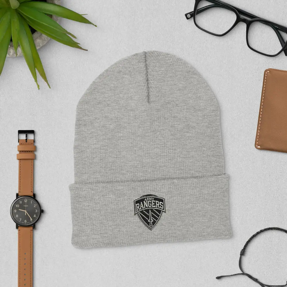 Army Ranger Cuffed Embroidered Beanie in light gray knit