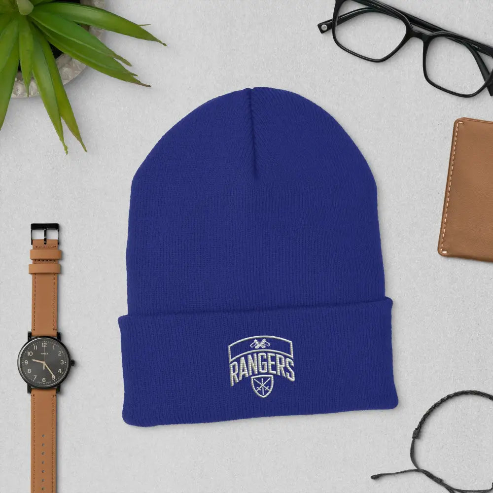 Army Ranger Cuffed royal blue knit beanie with white RANGERS logo