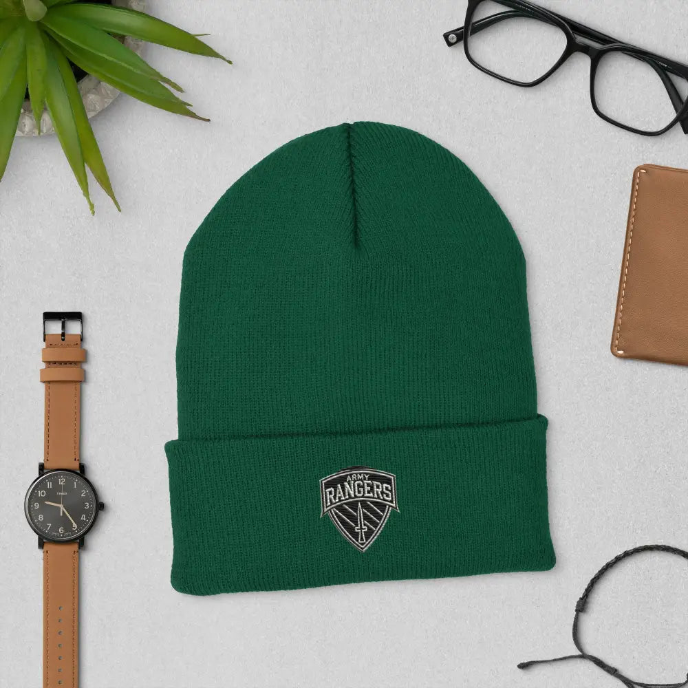 Army Ranger Cuffed Embroidered Beanie with Dark Green Fabric
