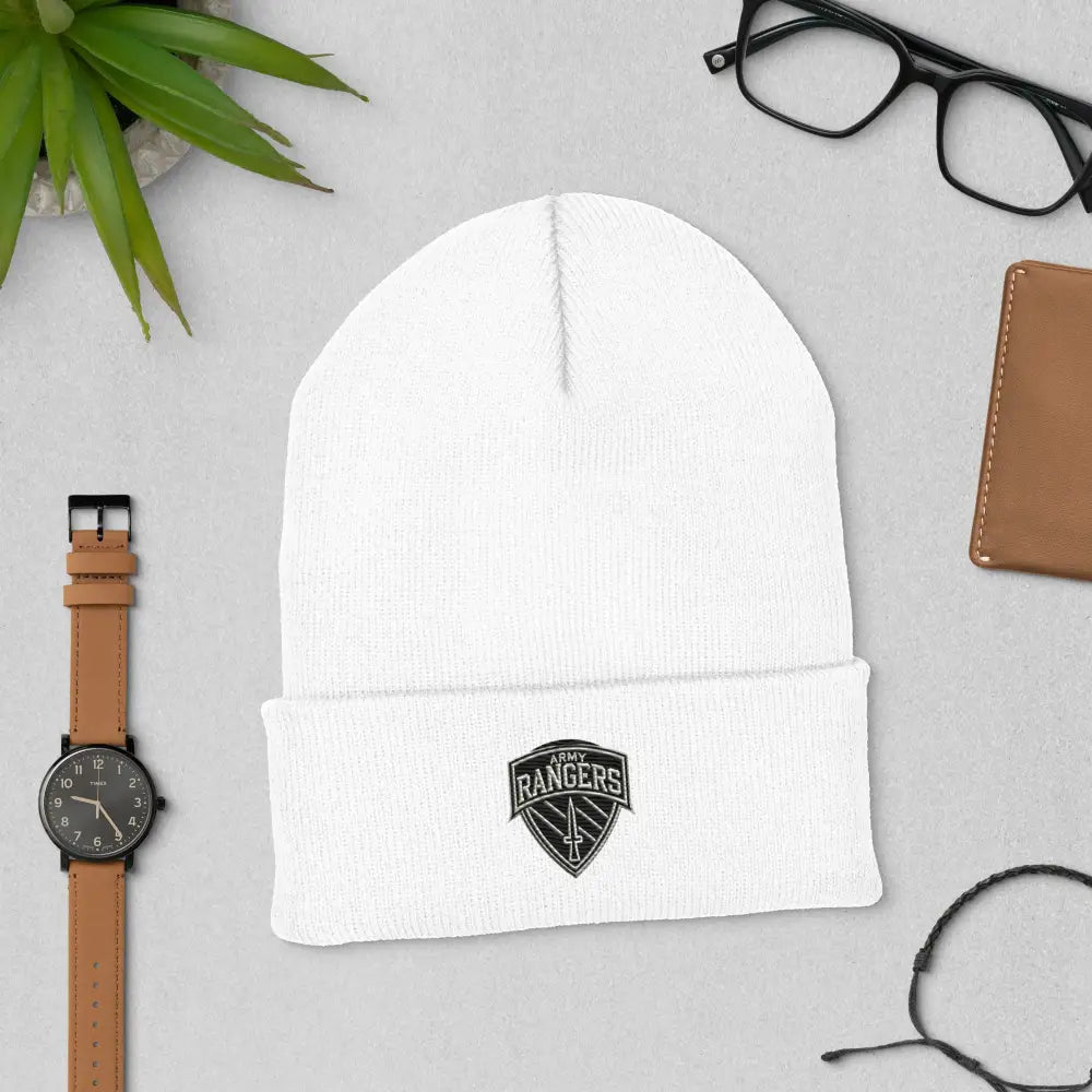 White Army Ranger Cuffed Embroidered Beanie with Rangers Emblem