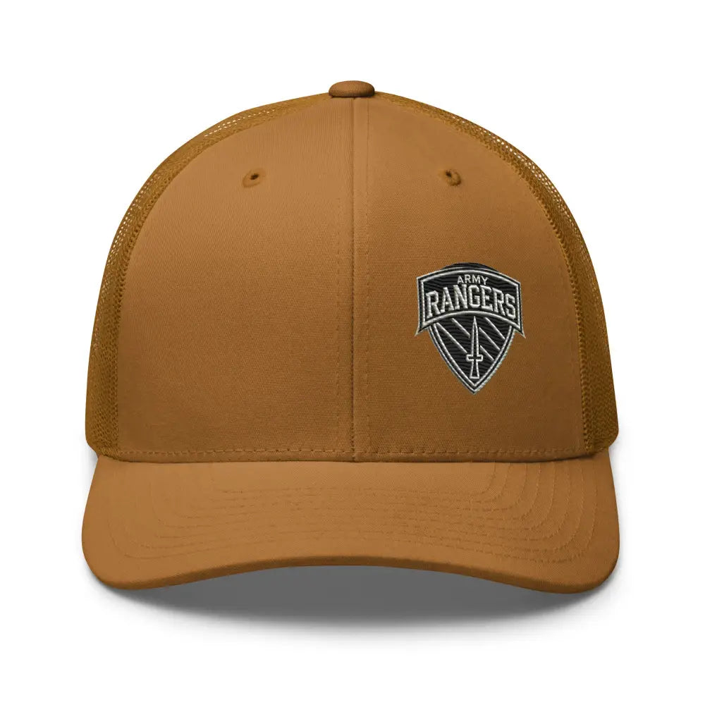 Brown Army Rangers embroidered trucker cap with iconic emblem