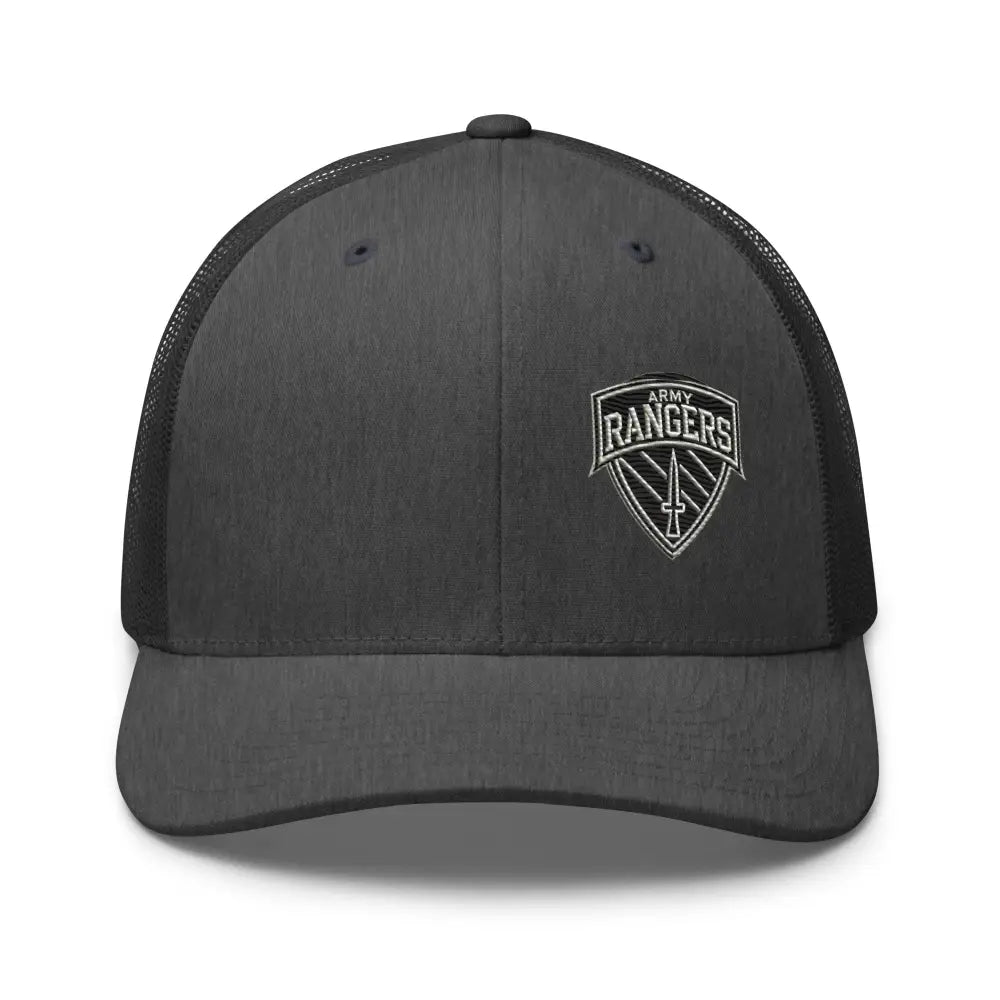 Dark gray mesh-back Army Rangers embroidered trucker cap with iconic emblem