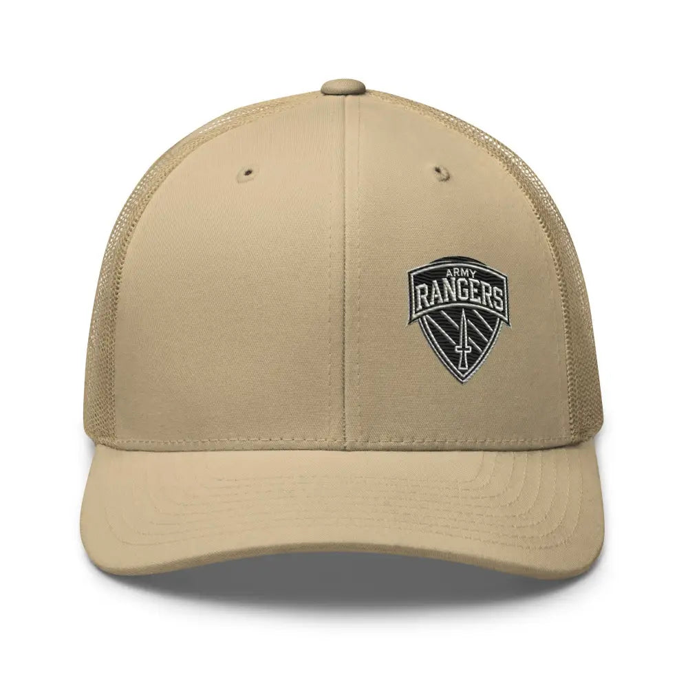 Navy blue Army Rangers embroidered trucker cap with tan mesh back and iconic emblem