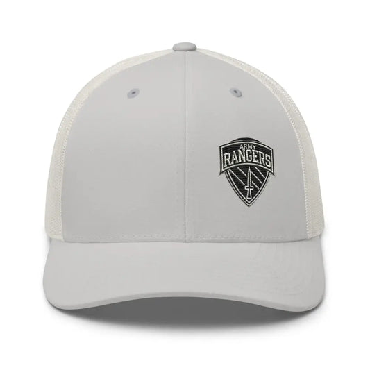 White trucker hat with iconic Rangers emblem embroidered in navy blue and white