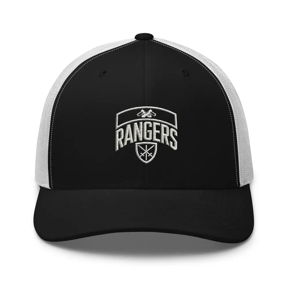 Black and white Army Rangers embroidered trucker cap with iconic emblem
