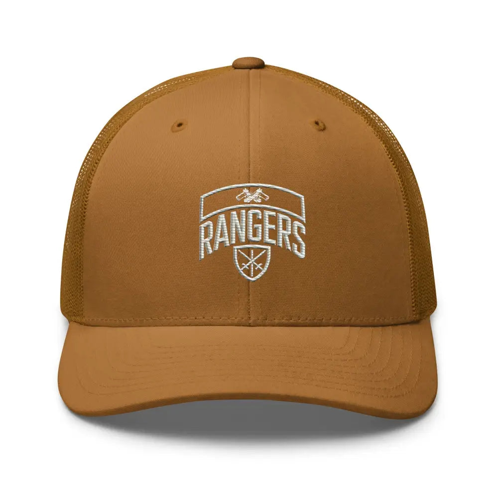 Brown Army Rangers embroidered trucker cap with iconic emblem