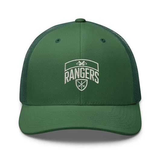 Green army rangers embroidered trucker cap with iconic Rangers emblem for military fans