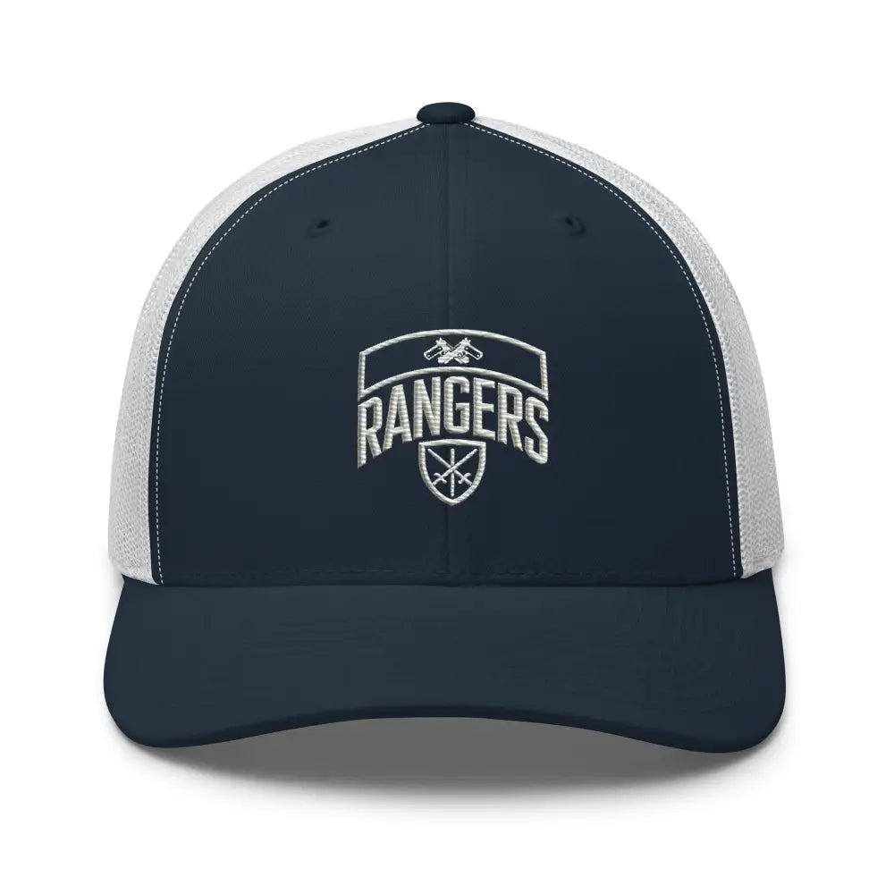 Navy blue white Army Rangers embroidered trucker cap with iconic emblem