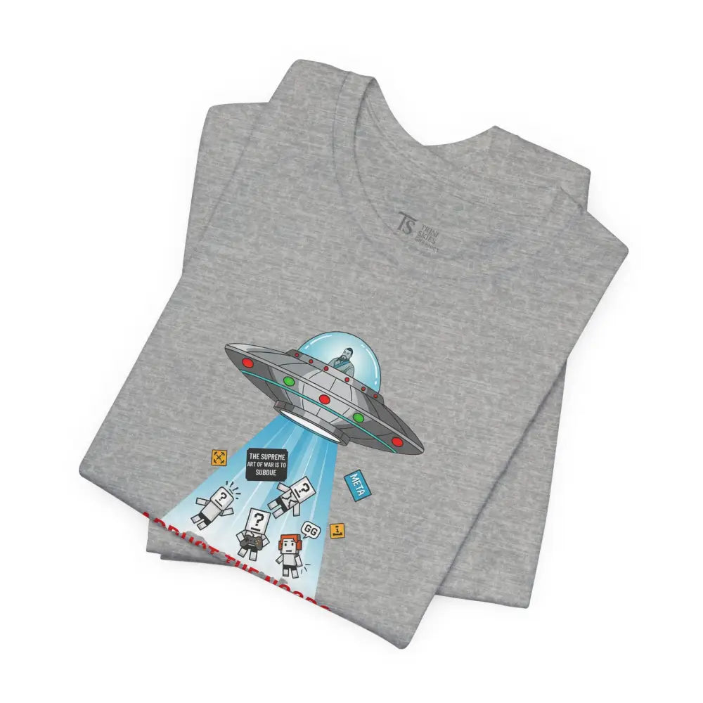 Folded grey Sun Tzu UFO graphic tee with alien humor cartoon abduction design