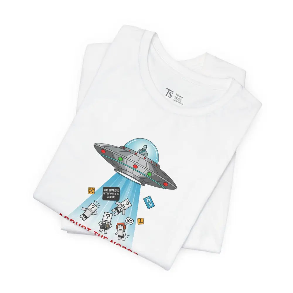 White short-sleeved UFO graphic tee with colorful alien humor design featuring Sun Tzu style art