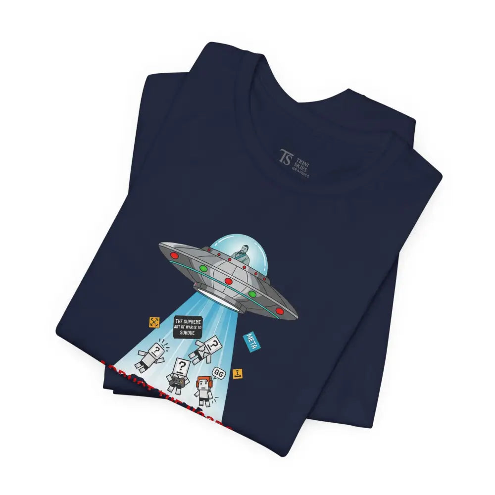 Navy blue UFO graphic tee with colorful alien abduction and Sun Tzu humor
