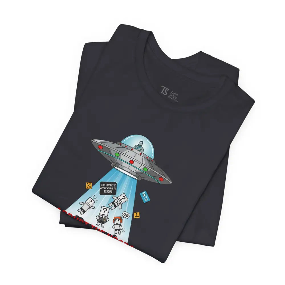 Dark gray UFO graphic tee with pixelated alien abduction and Sun Tzu humor